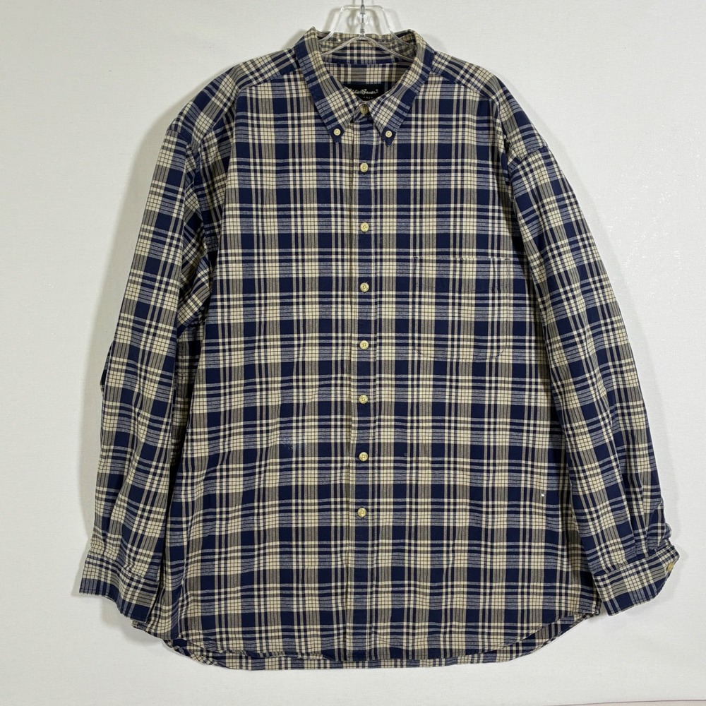 Eddie Bauer Mens XXL Tall Navy Tan Plaid Cotton Button Down Shirt 2XLT